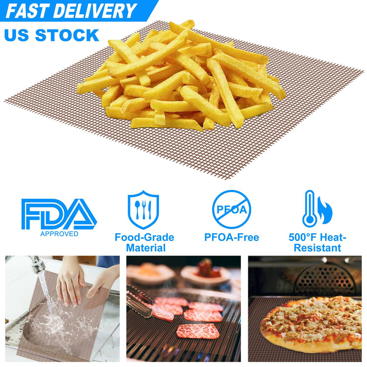 BBQ Grill Mat Non-Stick Mesh Mat Baking Sheet Liner Reusable Reversible Washable for Outdoor Gas Charcoal
