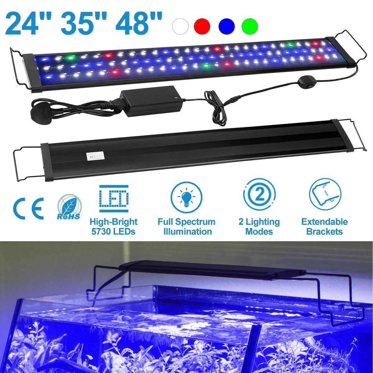 LED Aquarium Light Multi-Color Full Spectrum Freshwater Fish Tank Light w/ Extendable Brackets