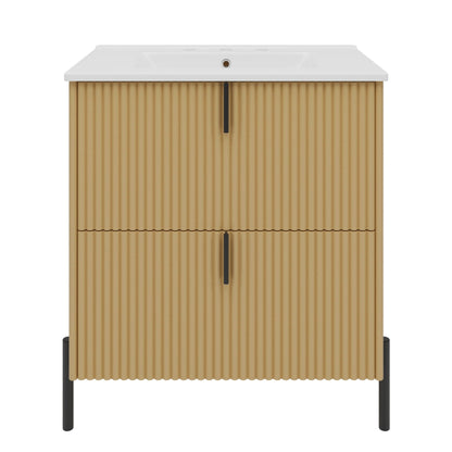 Fluted Bathroom Vanity with Ceramic Sink - Freestanding Wood Design