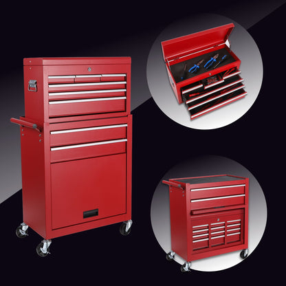 8 Drawer Rolling Tool Chest with Detachable Top Box and Lockable Wheels - Red or Light Blue