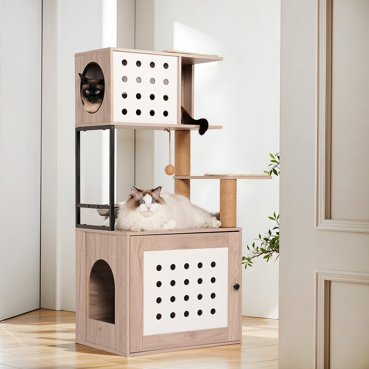 Cat Tree with Litter Box Enclosure and Large Hammock - Gray & White