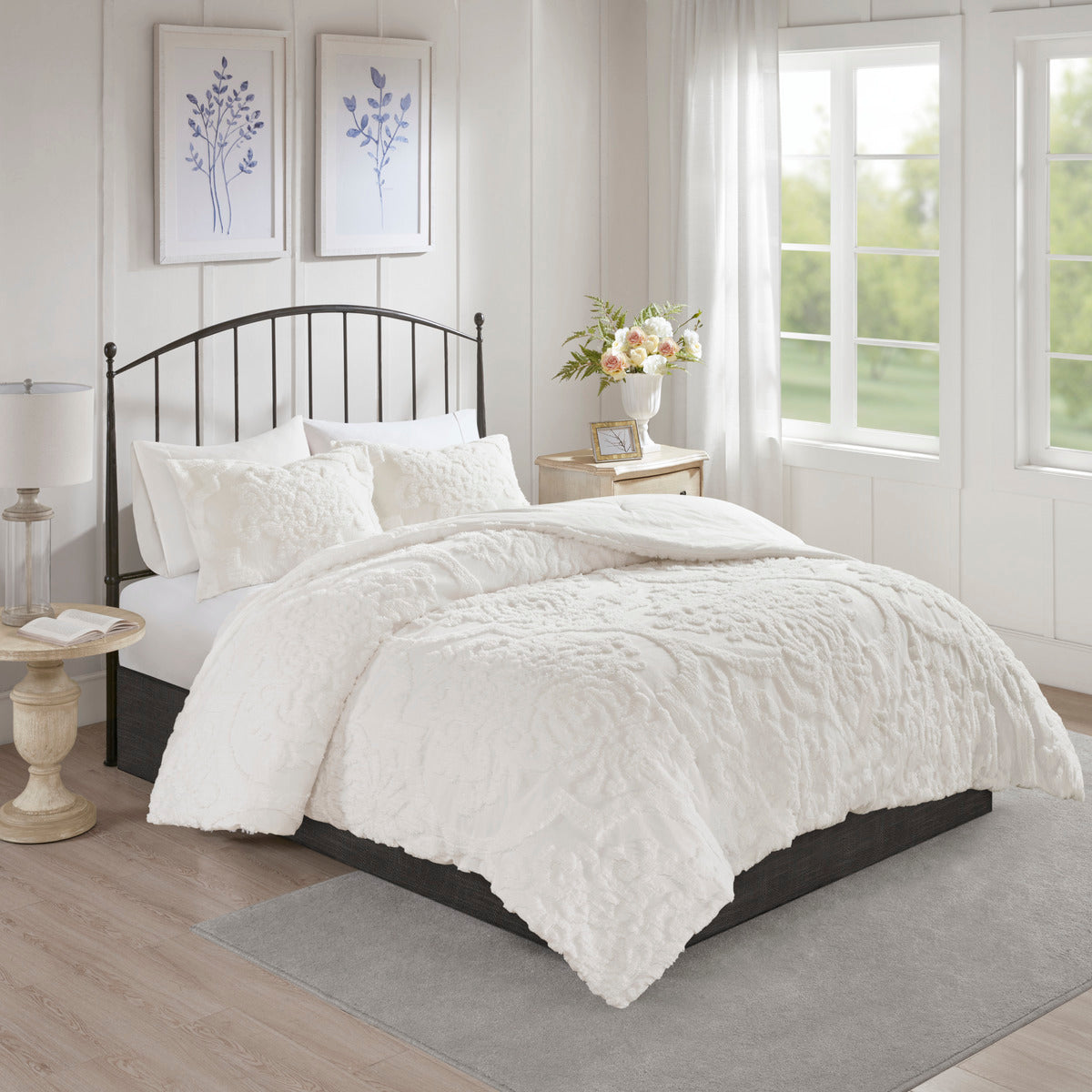 Tufted Cotton Chenille Damask Comforter Set with Shams - Off White