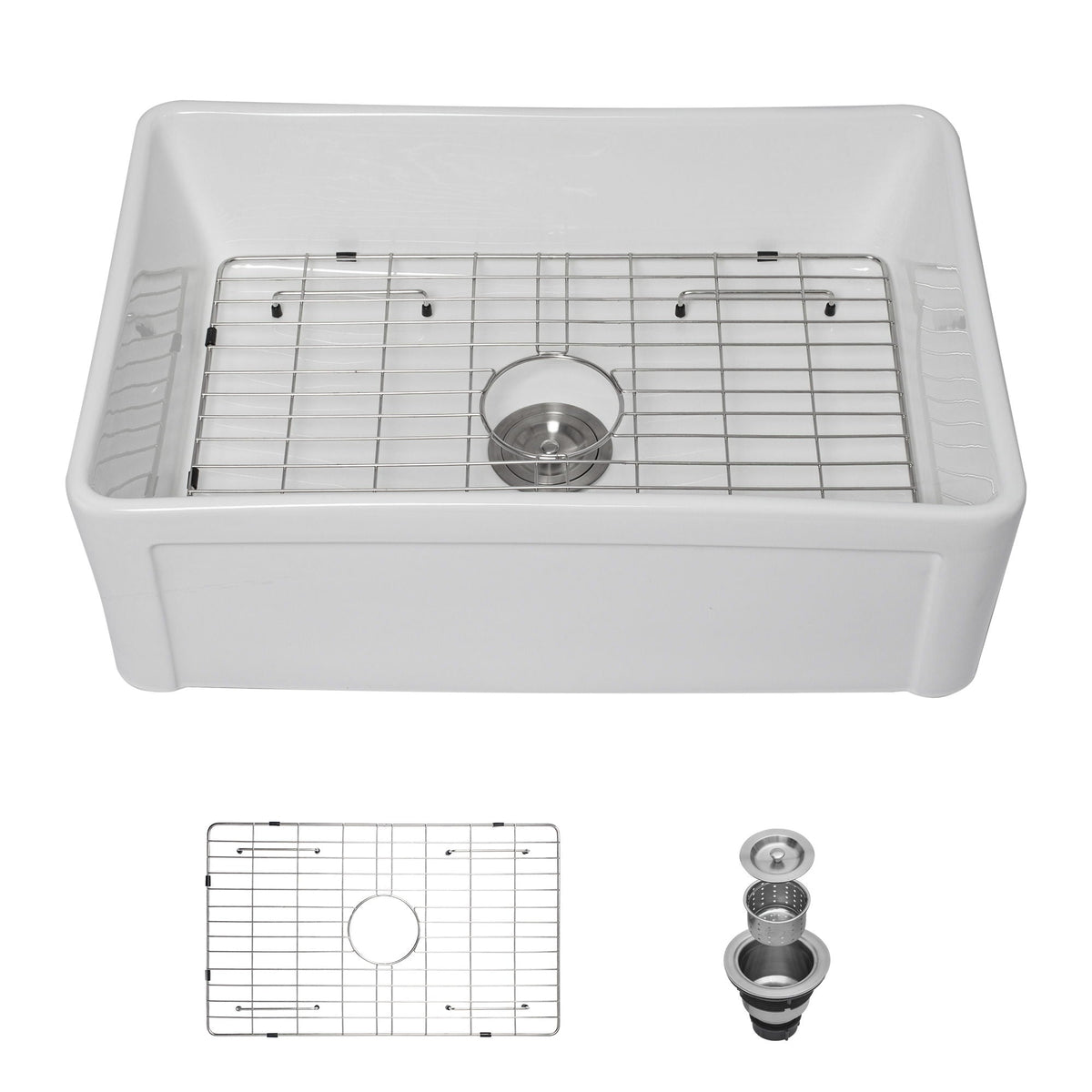 Apron Front Reversible Single Bowl Kitchen Sink with Grid and Strainer - White