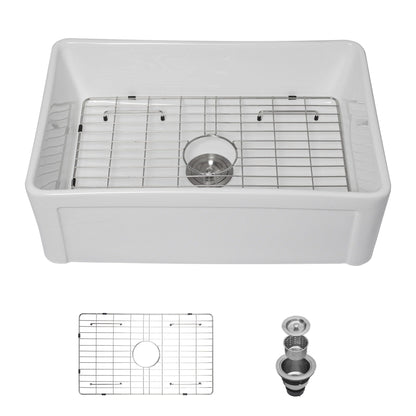 Apron Front Reversible Single Bowl Kitchen Sink with Grid and Strainer - White