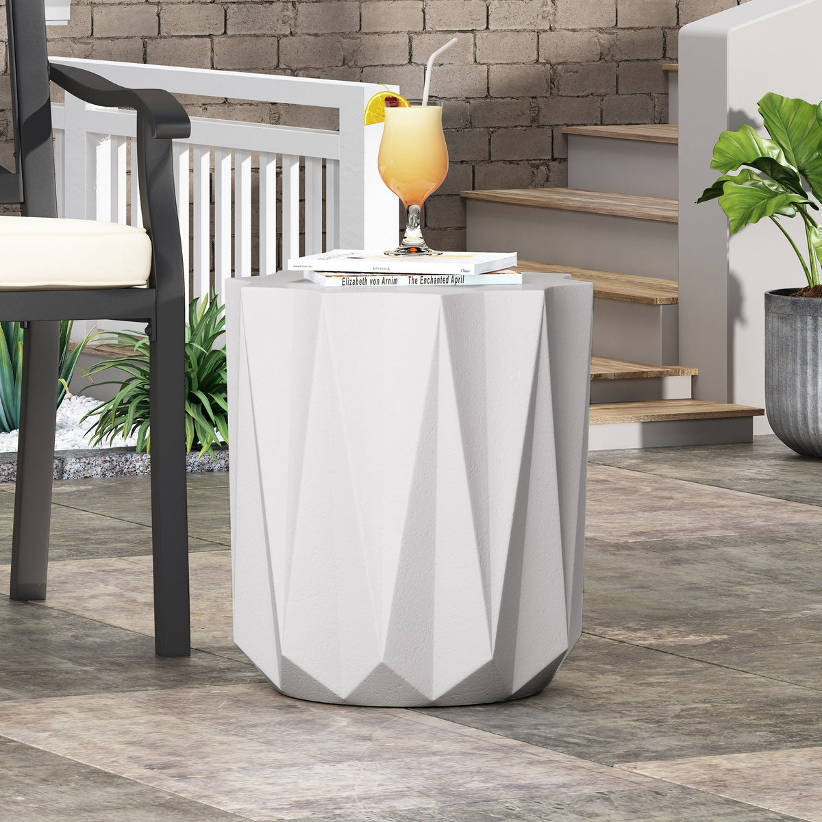 Antique White Outdoor Lightweight Concrete Side Table with Geometric Star Top