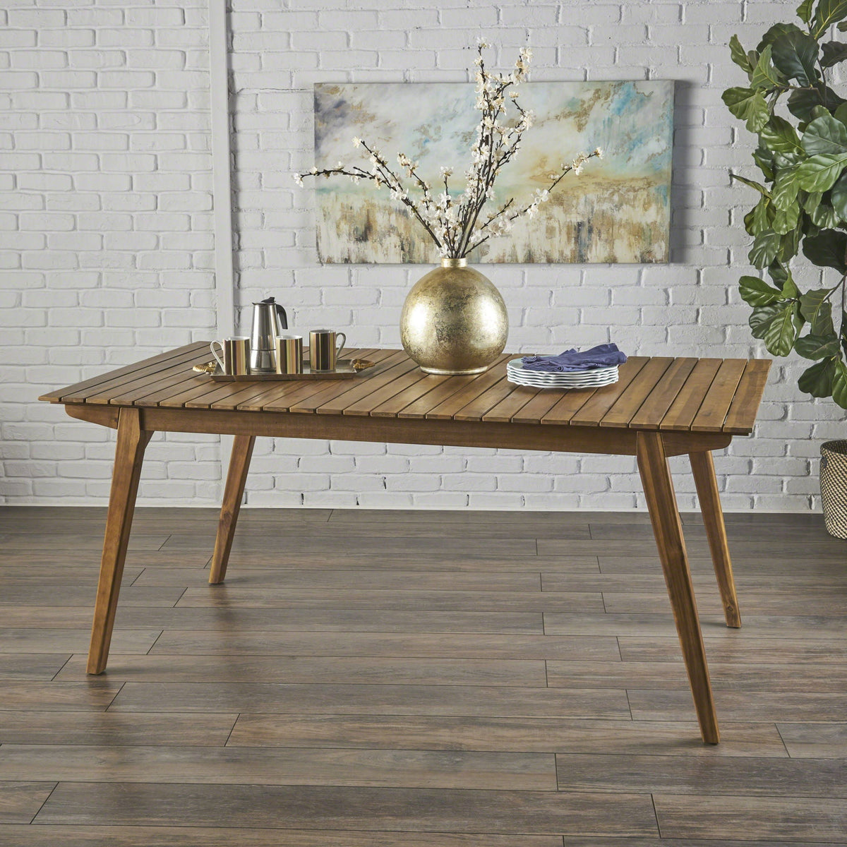 Teak Wood Outdoor Dining Table with Sturdy Frame - Light Brown