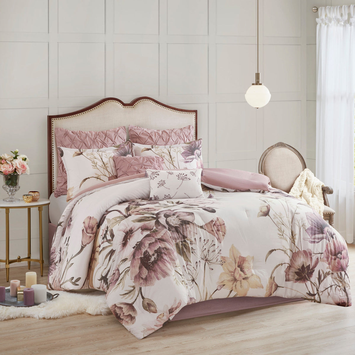8 Piece Cotton Printed Comforter Set with Embroidered Pillows - Blush