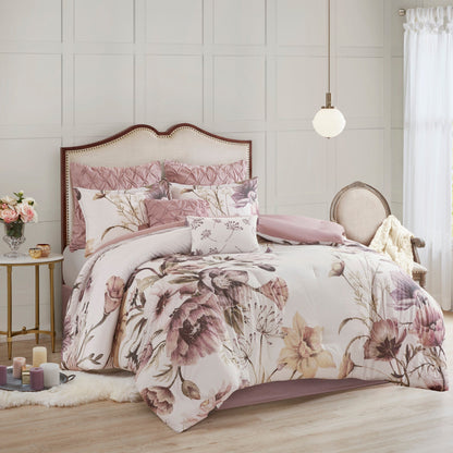 8 Piece Cotton Printed Comforter Set with Embroidered Pillows - Blush