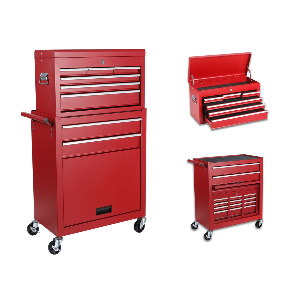 8 Drawer Rolling Tool Chest with Detachable Top Box and Lockable Wheels - Red or Light Blue