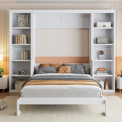 Murphy Bed With Desk and Bookshelf with Solid Pine Wood - White