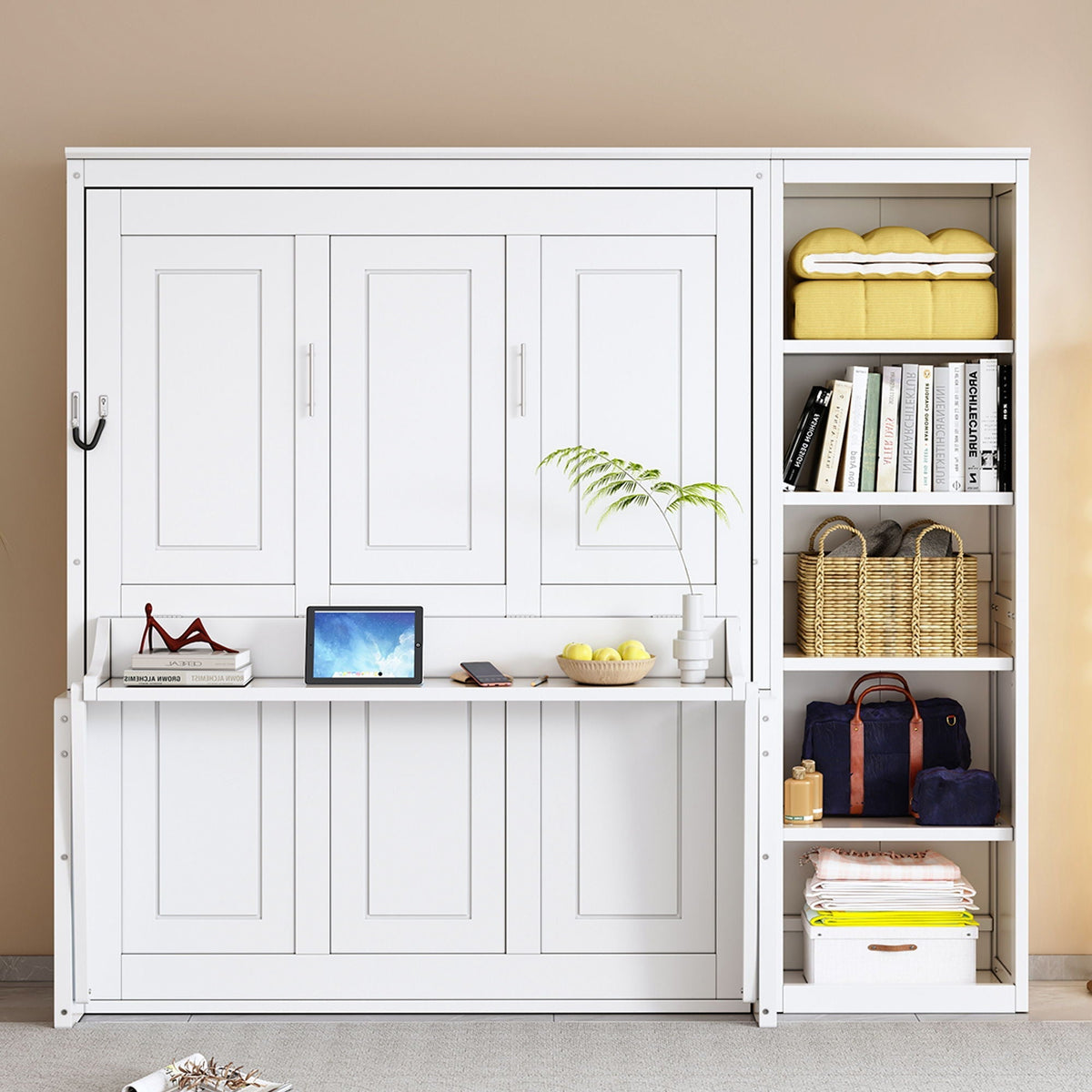 Murphy Bed with Desk and Bookshelf - Solid Pine, Full & Queen Sizes