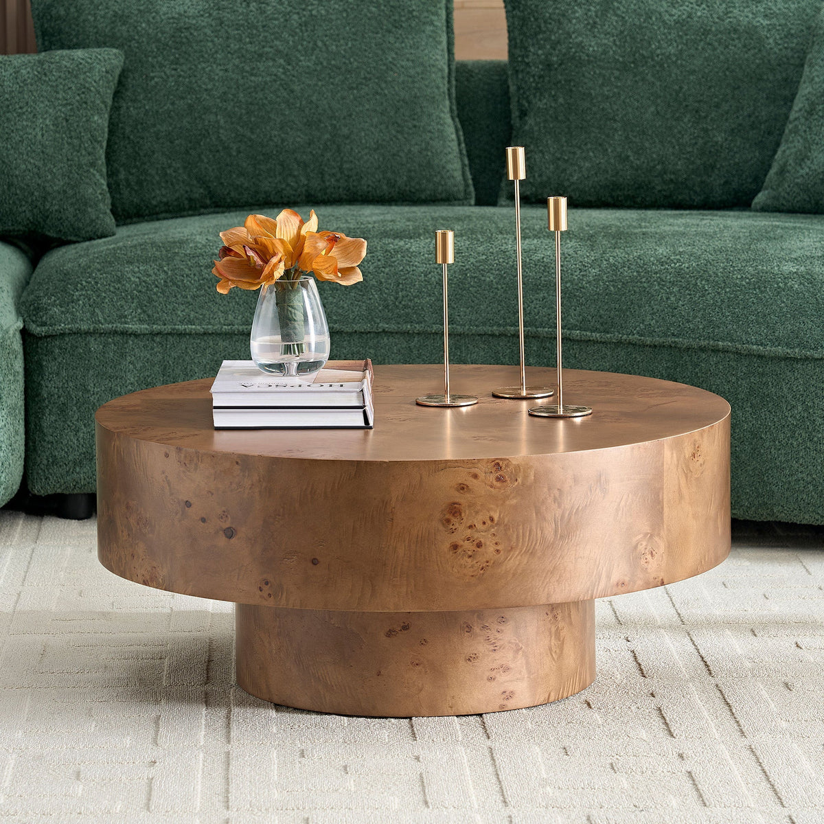 Walnut Burl Wood Veneer Round Coffee Table with Pedestal Base - Walnut