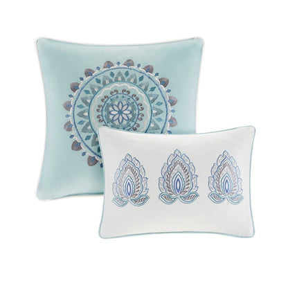 8 Piece Cotton Floral Reversible Comforter Set with Decorative Pillows - Blue