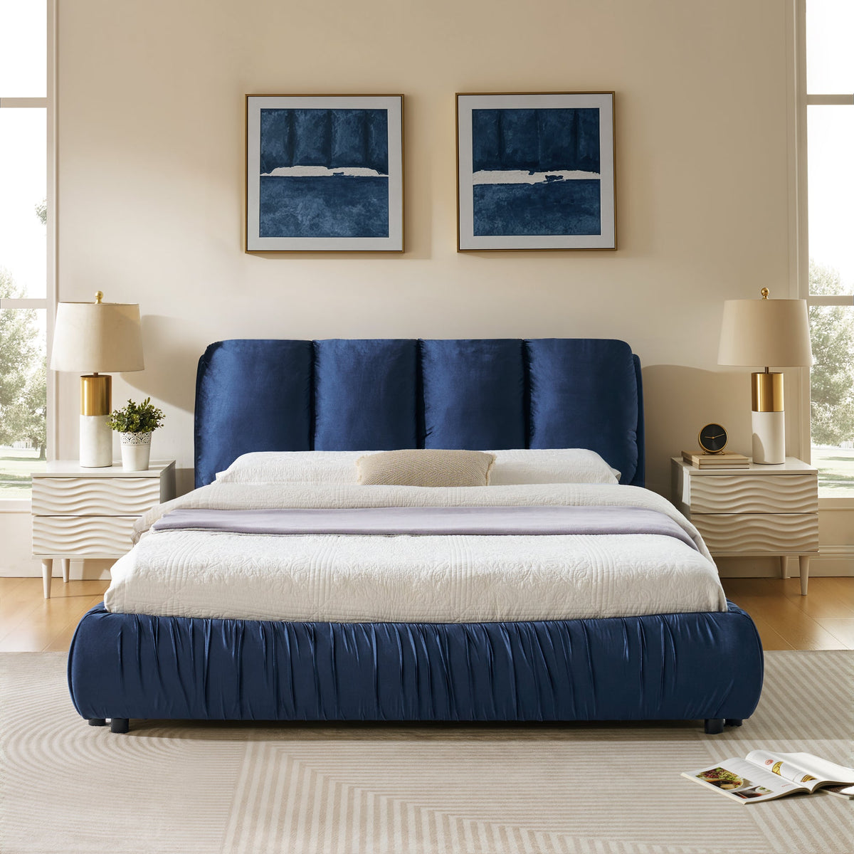 Queen Upholstered Bed Frame with Segmented Compressed Sponge Headboard - Dark Blue or Gray