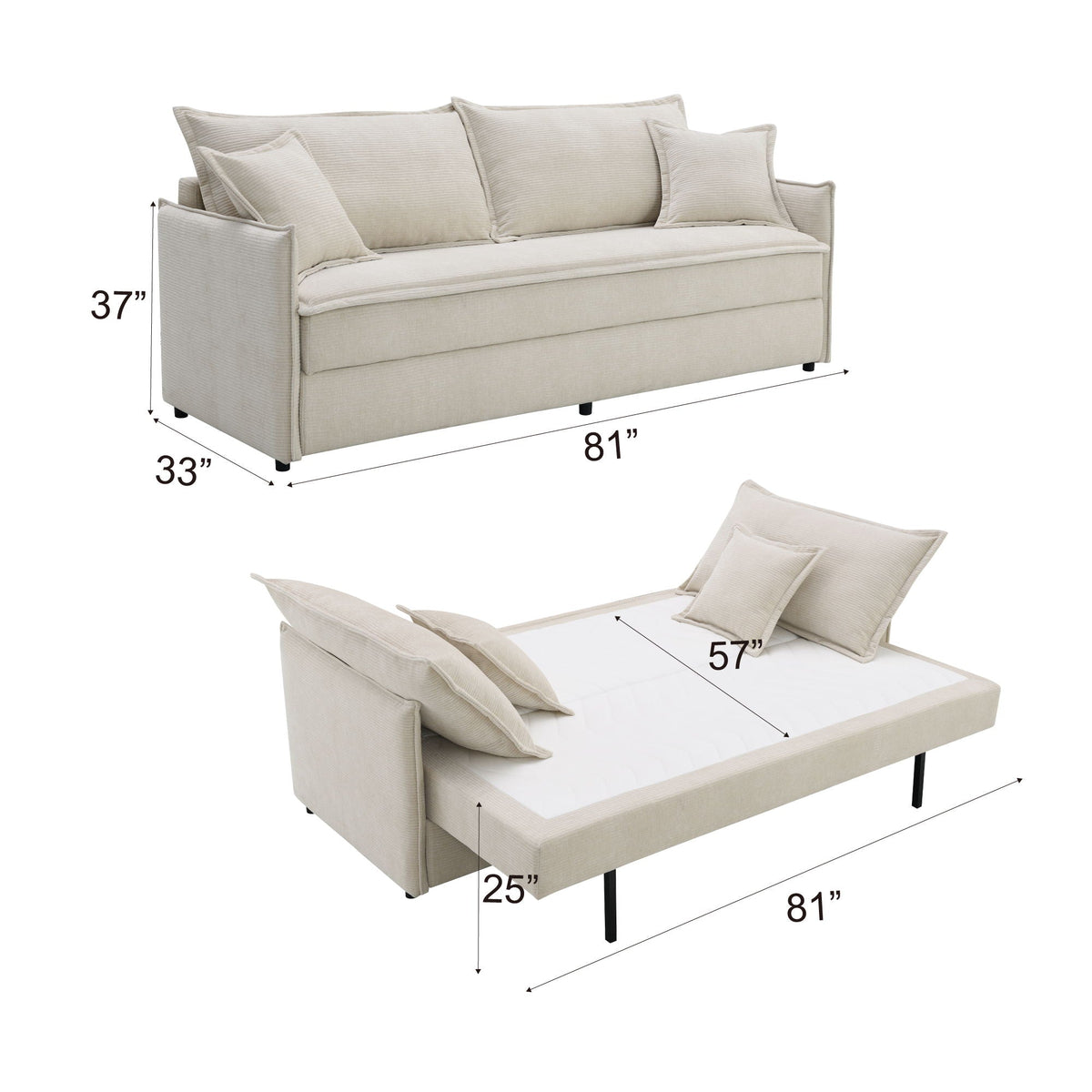 Beige Fabric Sleeper Sectional Sofa with Storage and 2 Toss Pillows - Elisea Collection