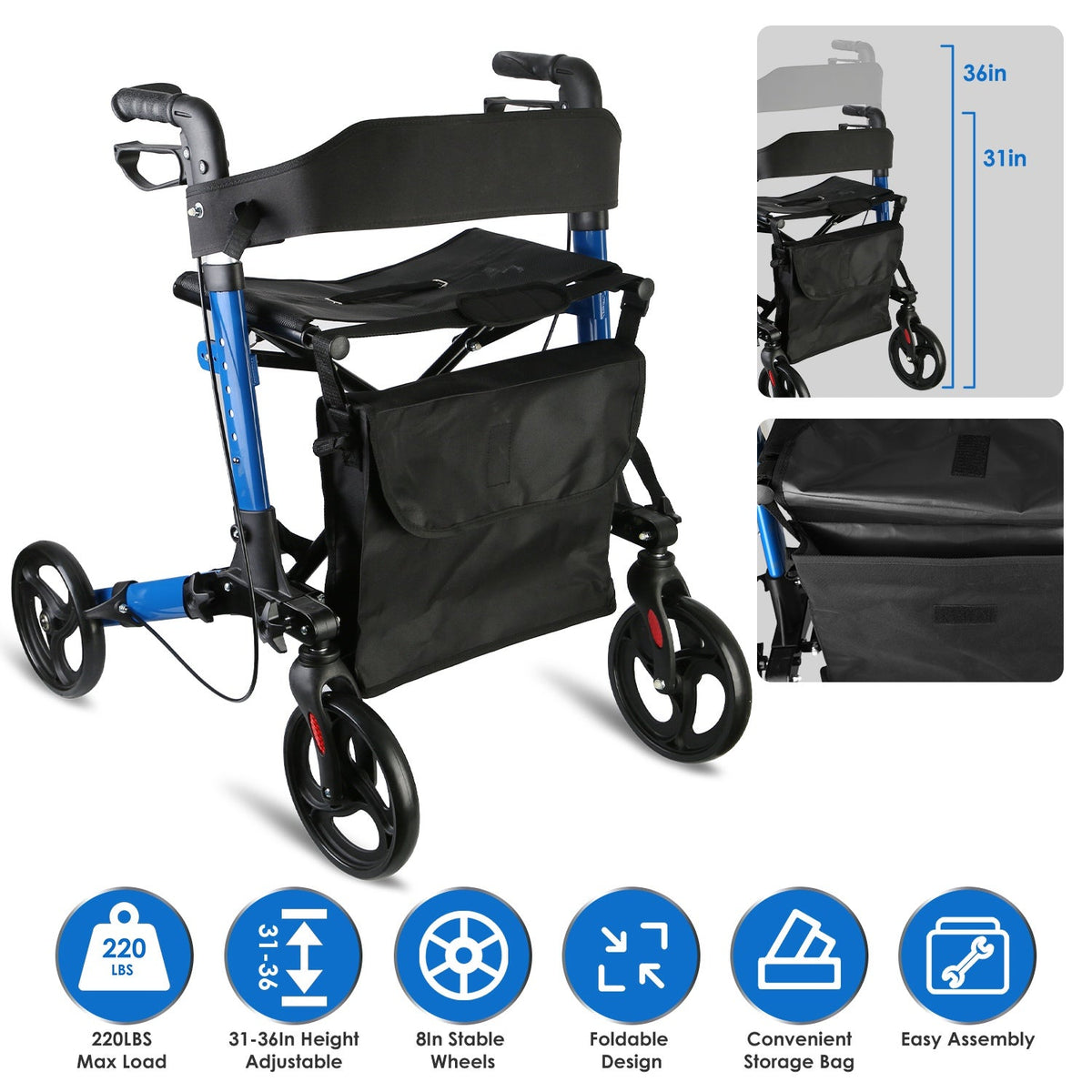 Aluminum Rollator Walker with Seat Backrest Foldable Rolling Walker with 220LBS Max Load 31-36in Adjustable Height 8in Wheels for Seniors Adult Mobili