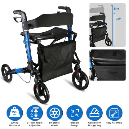 Aluminum Rollator Walker with Seat Backrest Foldable Rolling Walker with 220LBS Max Load 31-36in Adjustable Height 8in Wheels for Seniors Adult Mobili