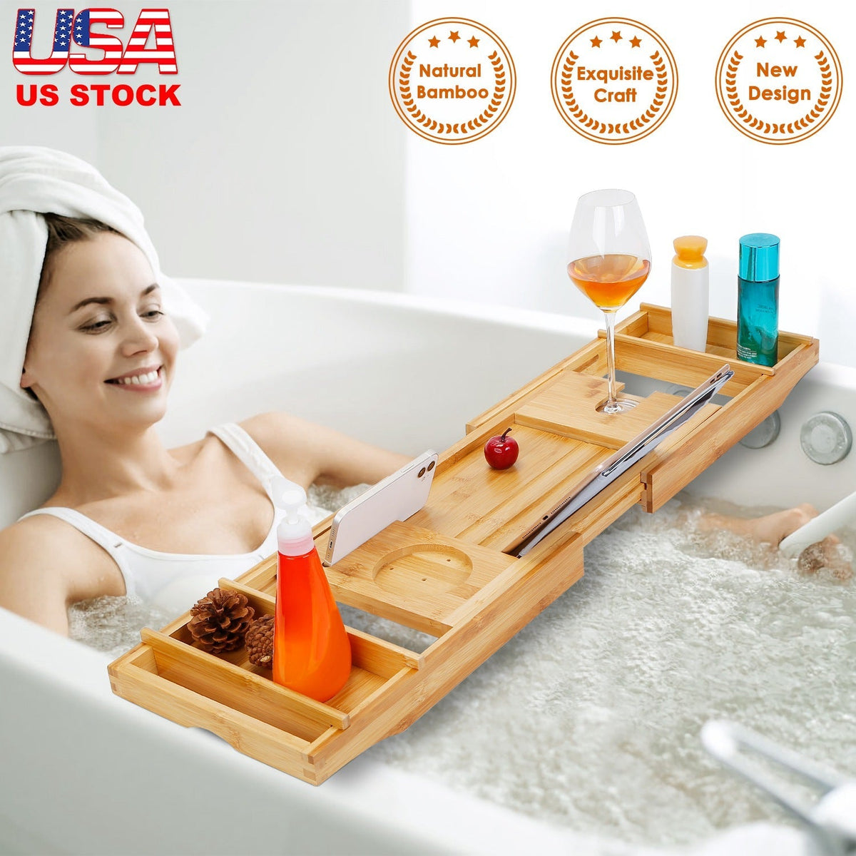 Bathtub Caddy Tray Crafted Bamboo Bath Tray Table Extendable Reading Rack Tablet Phone Holder Wine Glass Holder Shelf Desk Bathroom Spa