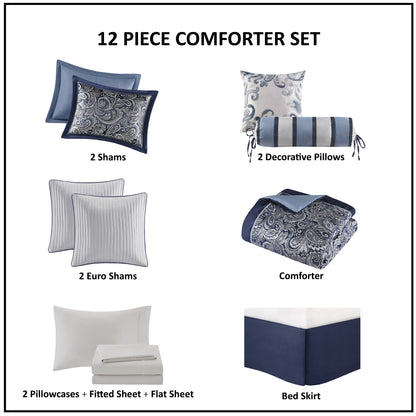 12 Piece Comforter Set with Cotton Bed Sheets Navy Cal King