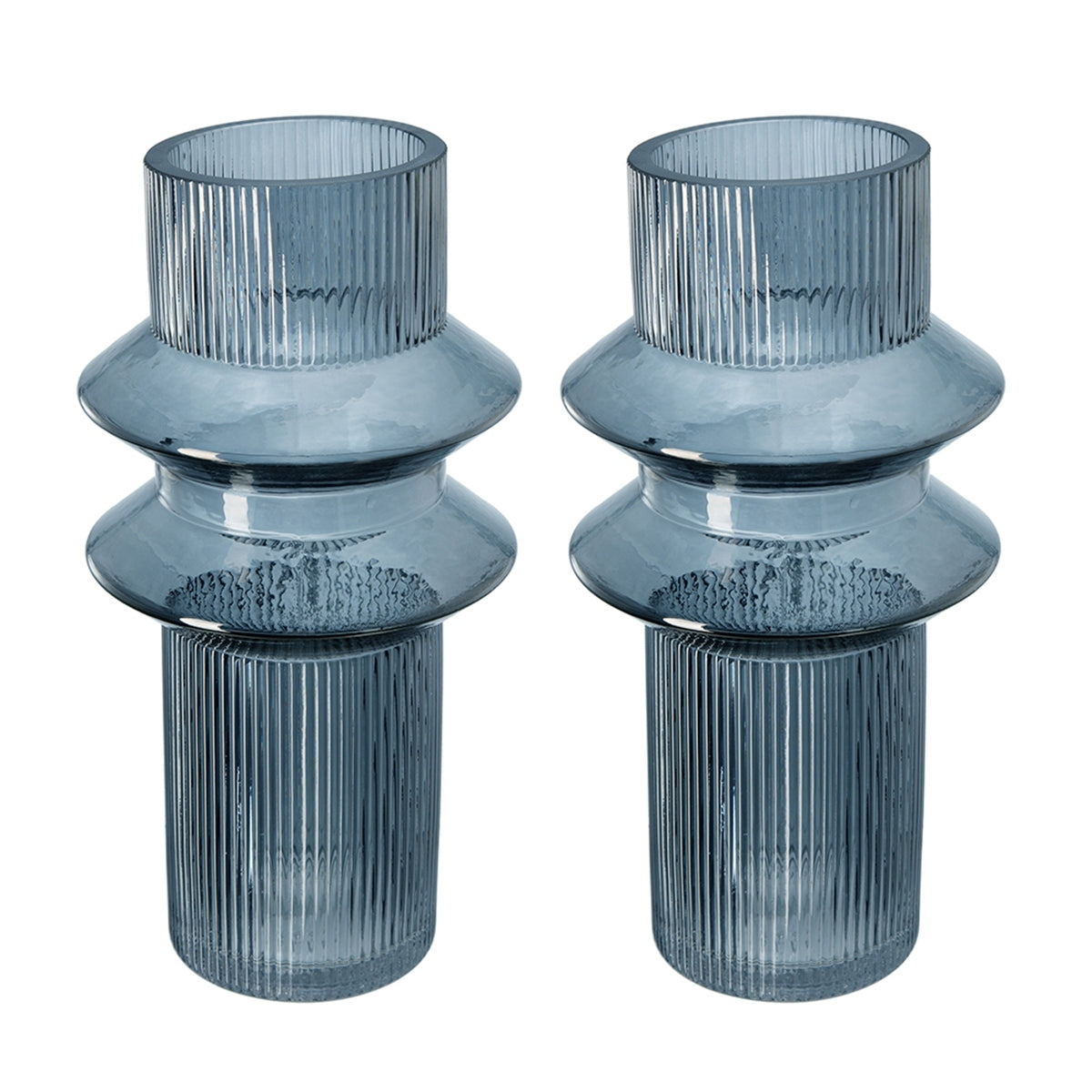 Fluted Accent Vases with Ribbed Design - Clear Blue, Set of 2