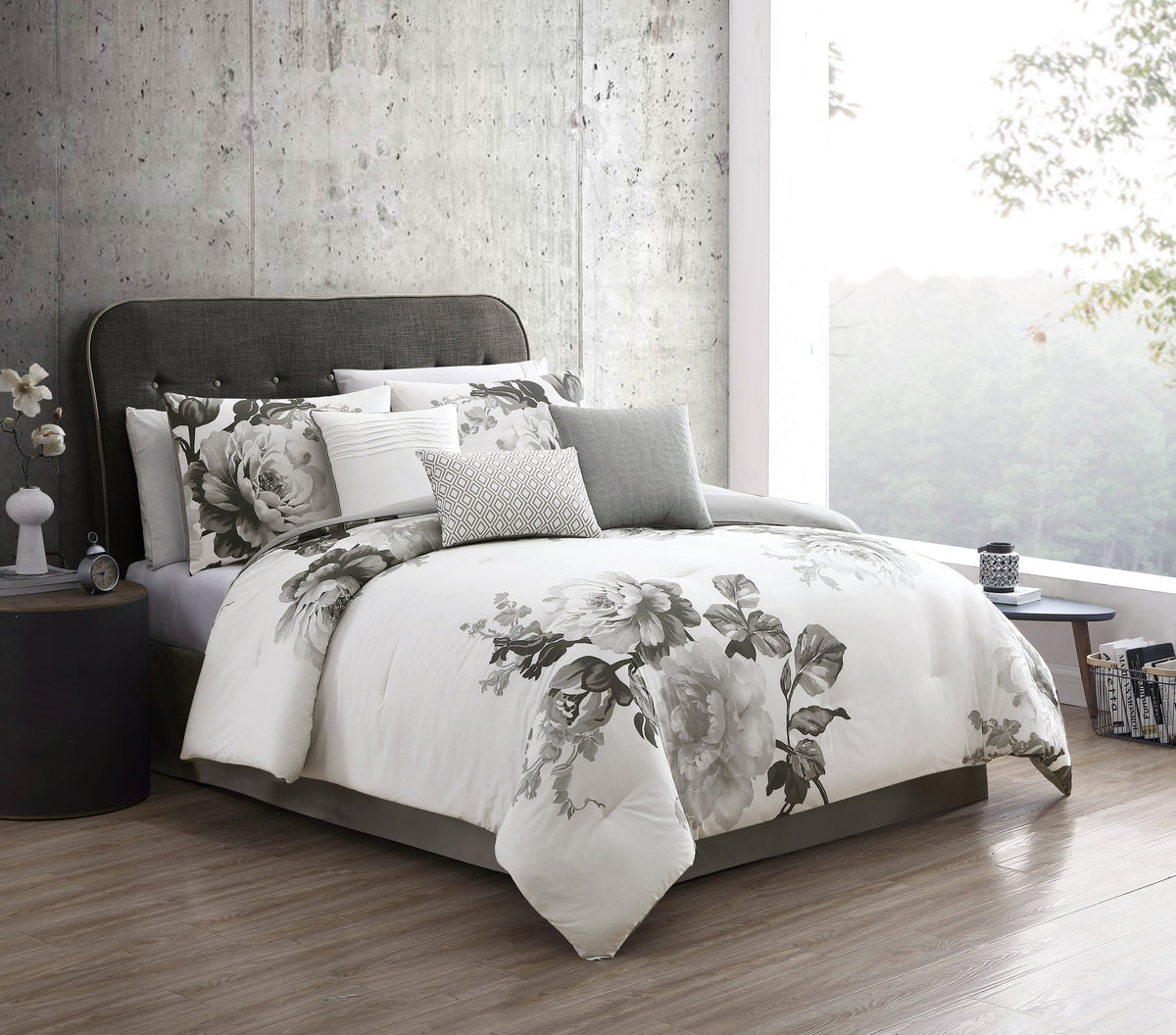 Black and White Floral Comforter Set with Reversible Backing - 7 Piece