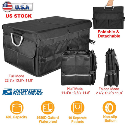 Car Trunk Organizer Collapsible Multi-Compartments Storage Cargo Box/ Cover Nonslip Bottom
