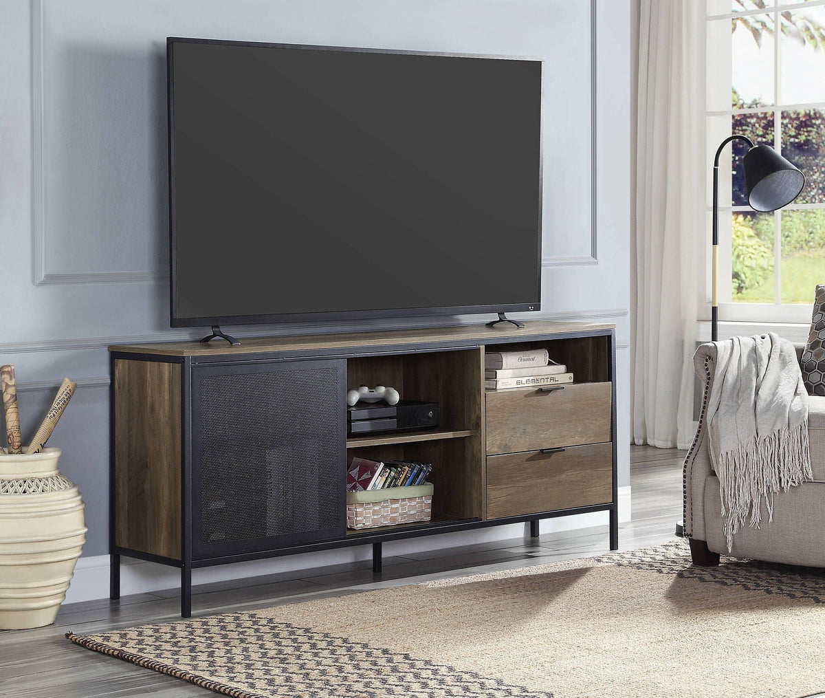 Light Brown Rustic TV Stand with Metal Frame - Nantan