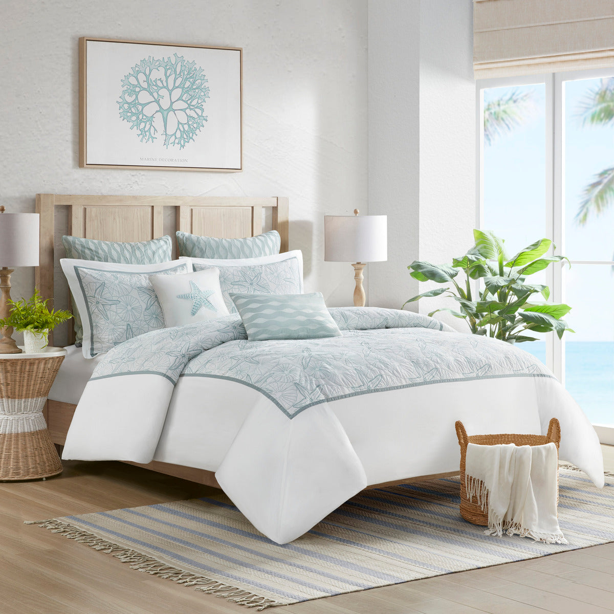 White Cotton Duvet Cover Mini Set with Embroidered Seashells – Full/Queen