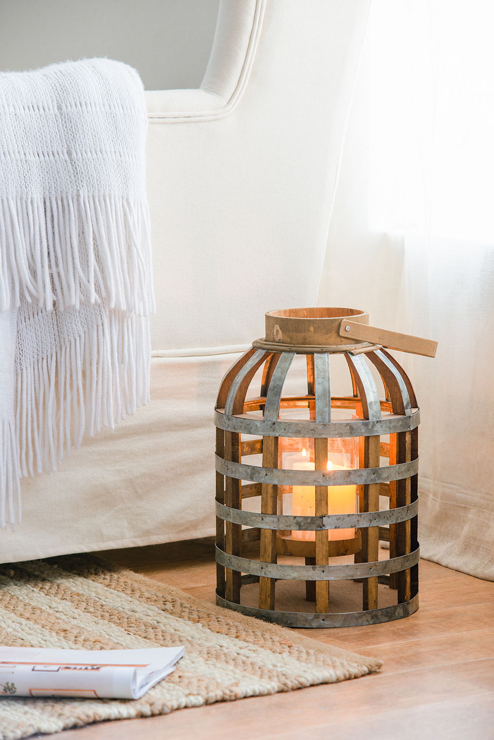Decorative Wooden Lantern with Handle - Pearl Silver