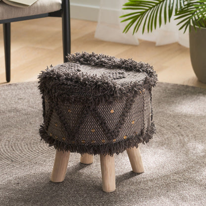 Handcrafted Wool & Cotton Foot Stool with Eucalyptus Frame - Dark Brown