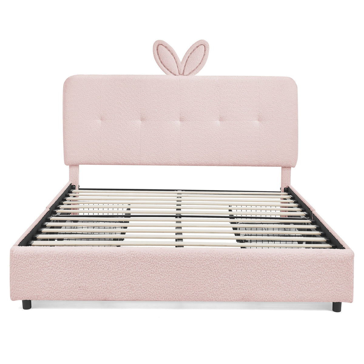 Queen Size Kids Upholstered Bed with Rabbit Ear Headboard & Storage - Boucle