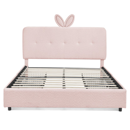 Queen Size Kids Upholstered Bed with Rabbit Ear Headboard & Storage - Boucle