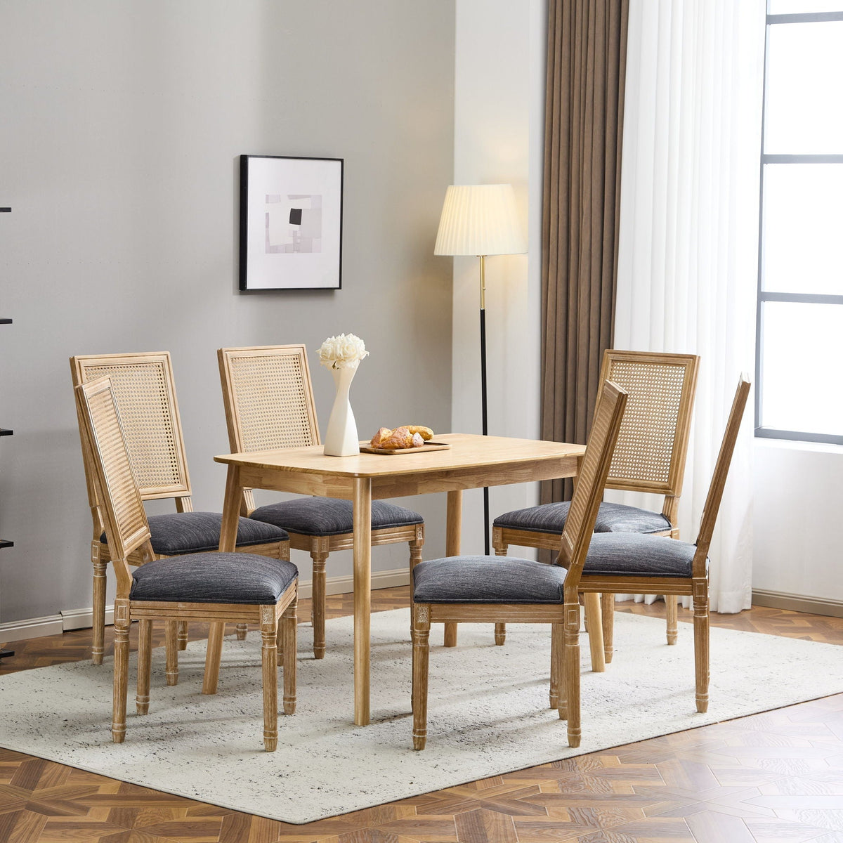 French Country Dining Chair with Rectangular Cane Backrest and Upholstered Seat