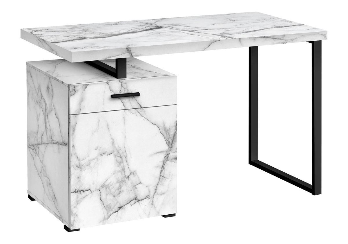 White Computer Desk with Marble Look Laminate and Storage Drawers