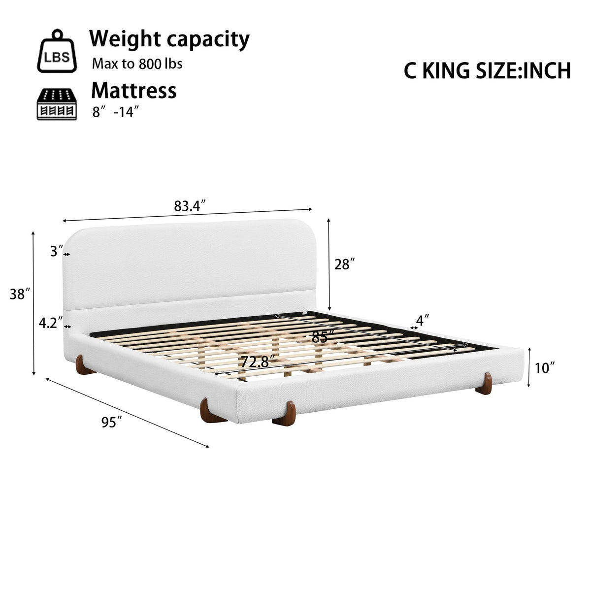 Elegant Upholstered Bed Frame with Solid Wood Legs - Pink or White