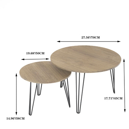 Rustic Round Nesting Coffee Table Set of 2 with Metal Frame - White, Black, Light Brown