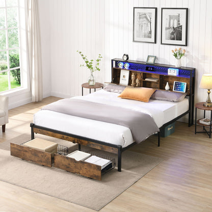 Modern Platform Storage Bed with USB Charging, Drawers & LED Lights - Dark Brown