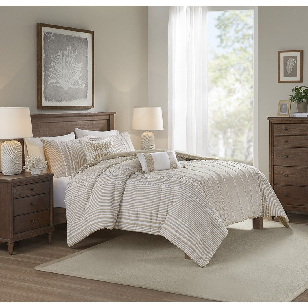 King 3 Piece Cotton Yarn Dyed Duvet Cover Set with Tufted Chenille - Taupe Stripes
