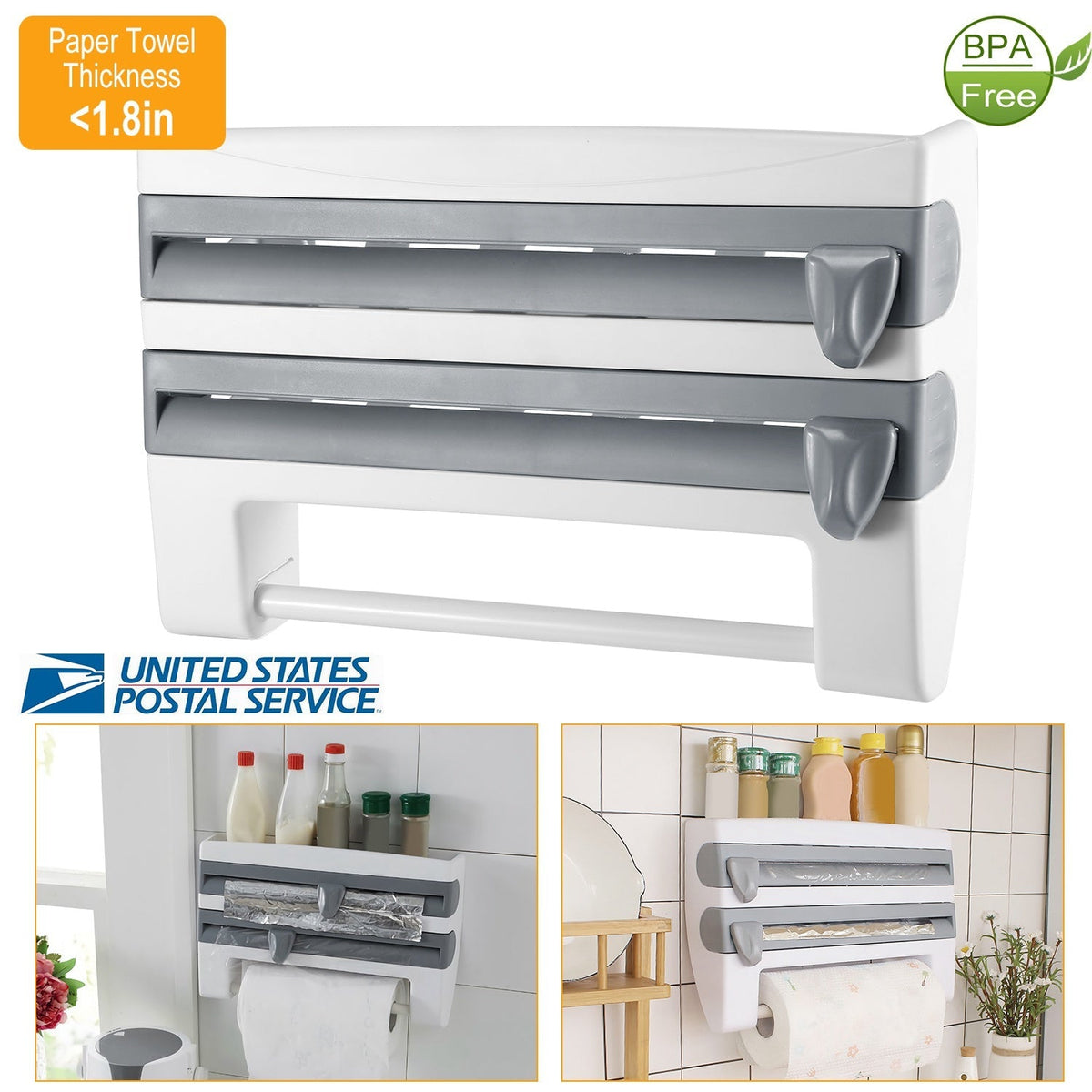 Kitchen Roll Dispenser Paper Roll Holder Plastic Wrap Film Foil Paper Organizer w/ Cutter Wall Mounted for Kitchen Bathroom