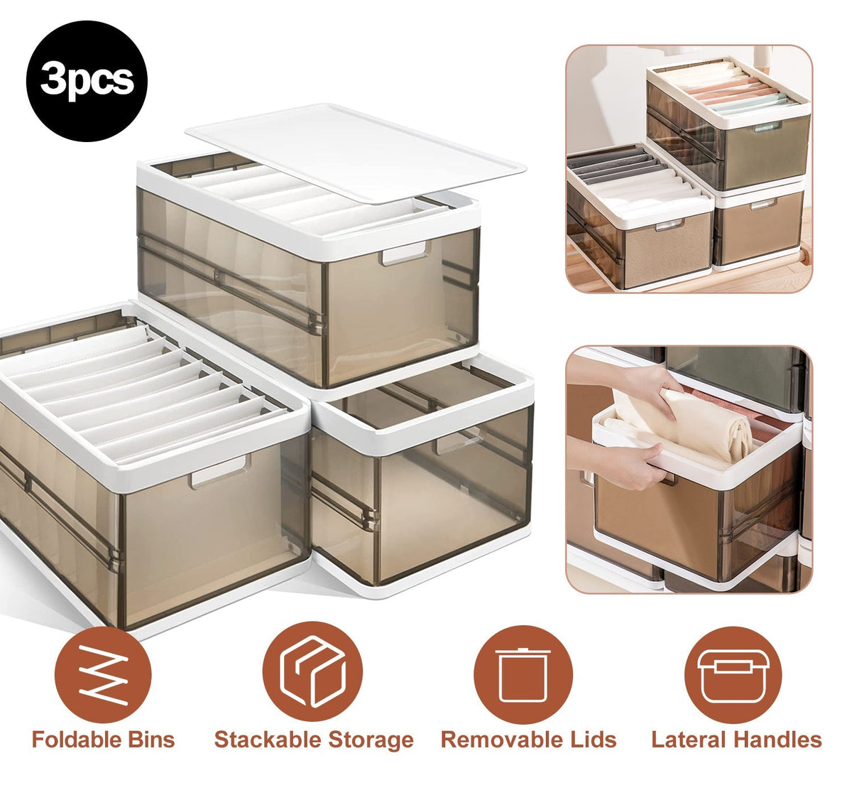 3 Pack Foldable Storage Bin with Lid Stackable Plastic Closet Organizer with Handle Divider Collapsible Drawer Organizer for Toys Clothes