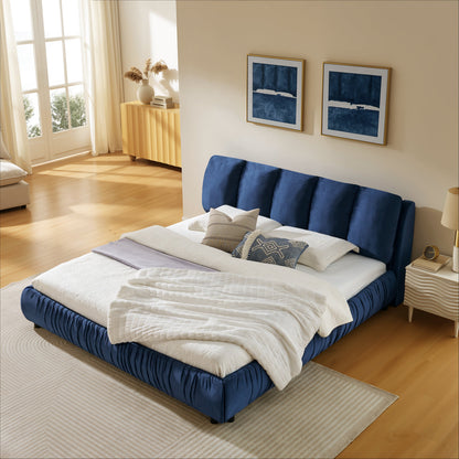 King Size Upholstered Bed Frame with Segmented Sponge Headboard - Dark Blue or Beige