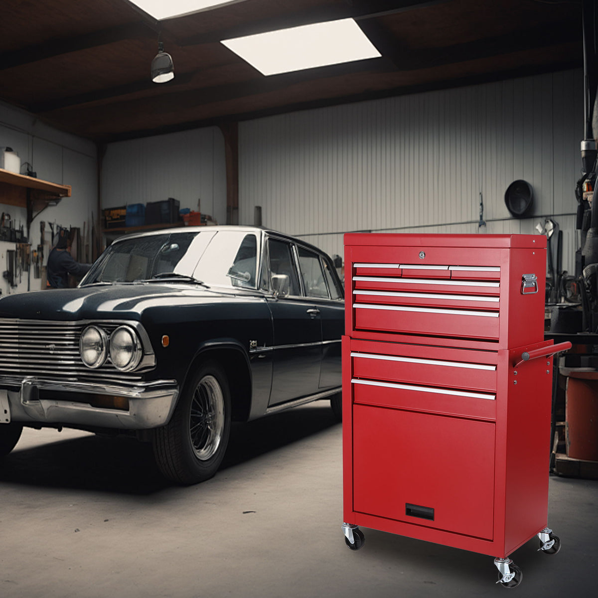 8 Drawer Rolling Tool Chest with Detachable Top Box and Lockable Wheels - Red or Light Blue