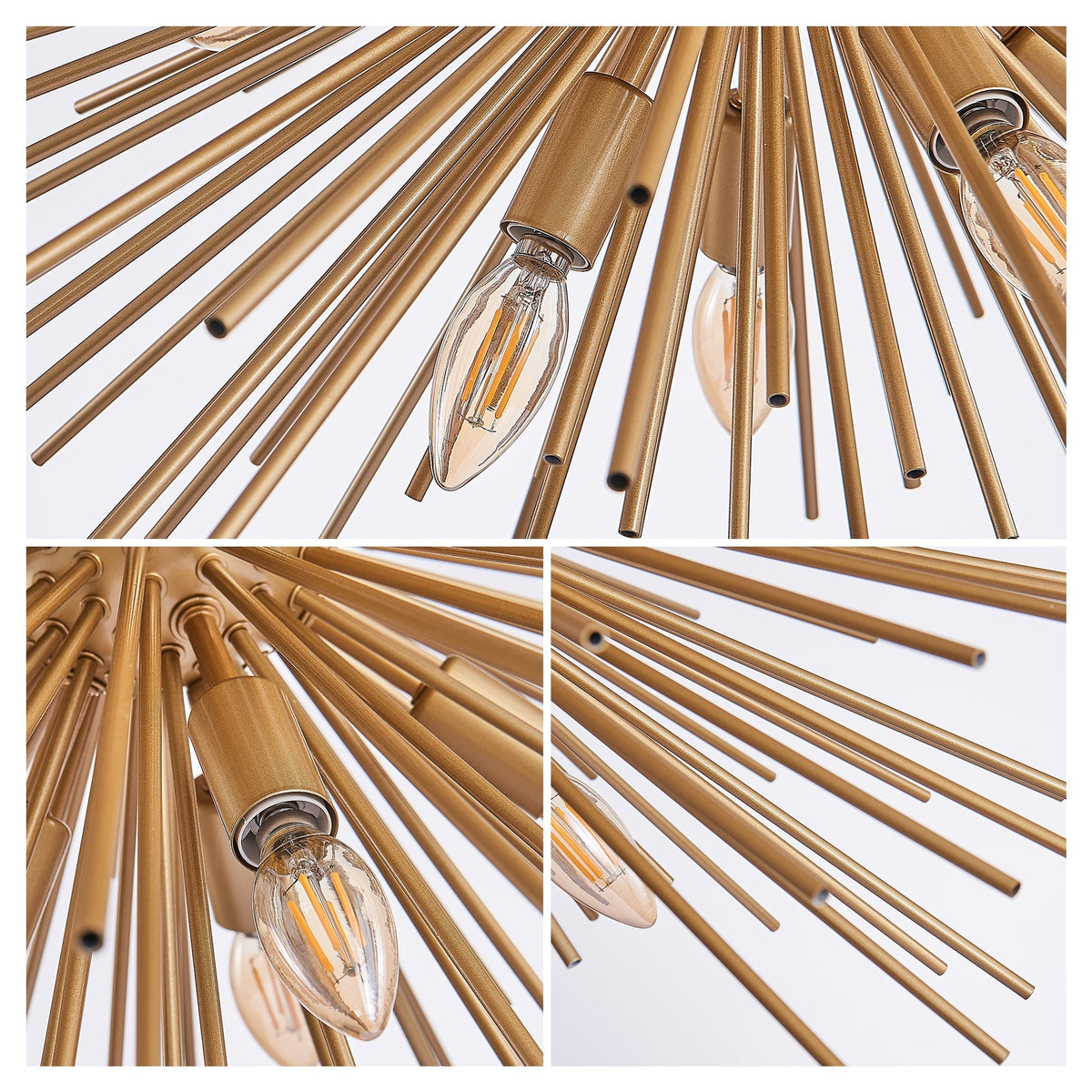 Gold 12-Light Mid-Century Modern Starburst Chandelier with Adjustable Chain