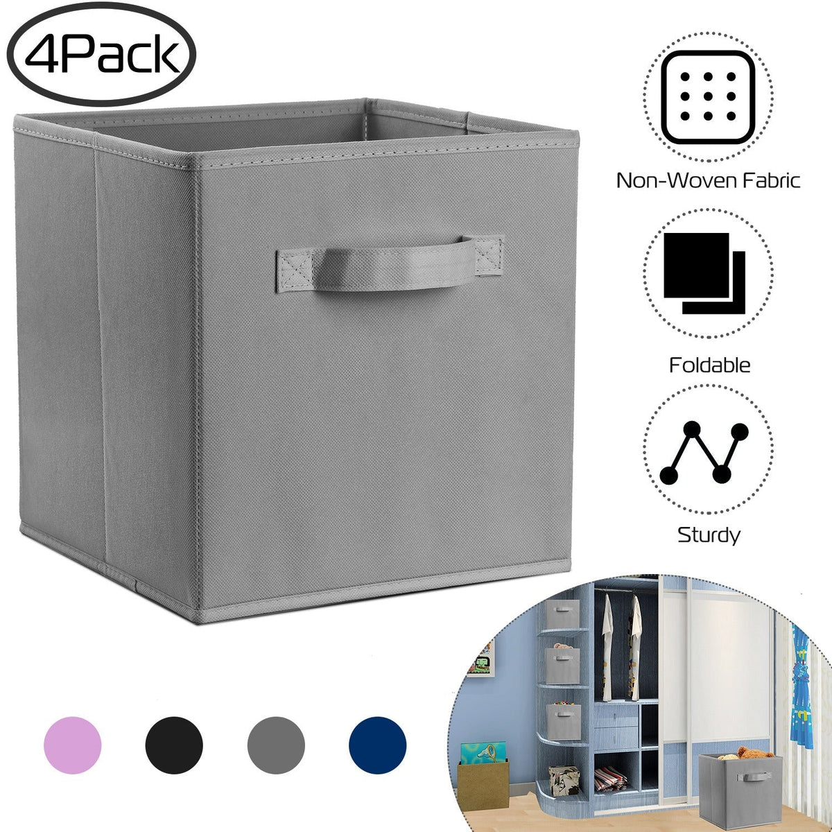 iMounTEK 4 Pack Foldable Storage Cube Bins Cloths Closet Space Organizer Basket Shelves Box for Clothes Toys Books Cabinet