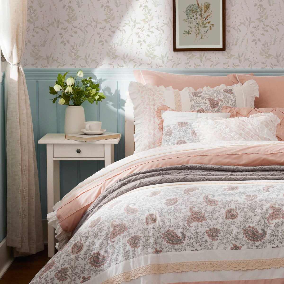 9 Piece Cotton Percale Comforter Set with Decorative Pillows - Blush