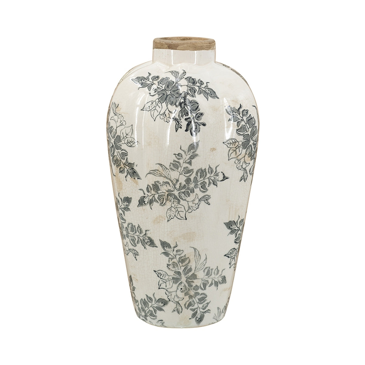 White Ceramic Accent Vase with Gray Floral Design - Multicolor