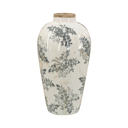 White Ceramic Accent Vase with Gray Floral Design - Multicolor