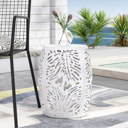Modern Design Metal End Table with Palm Leaf Cut-Out - White, Black, Blue