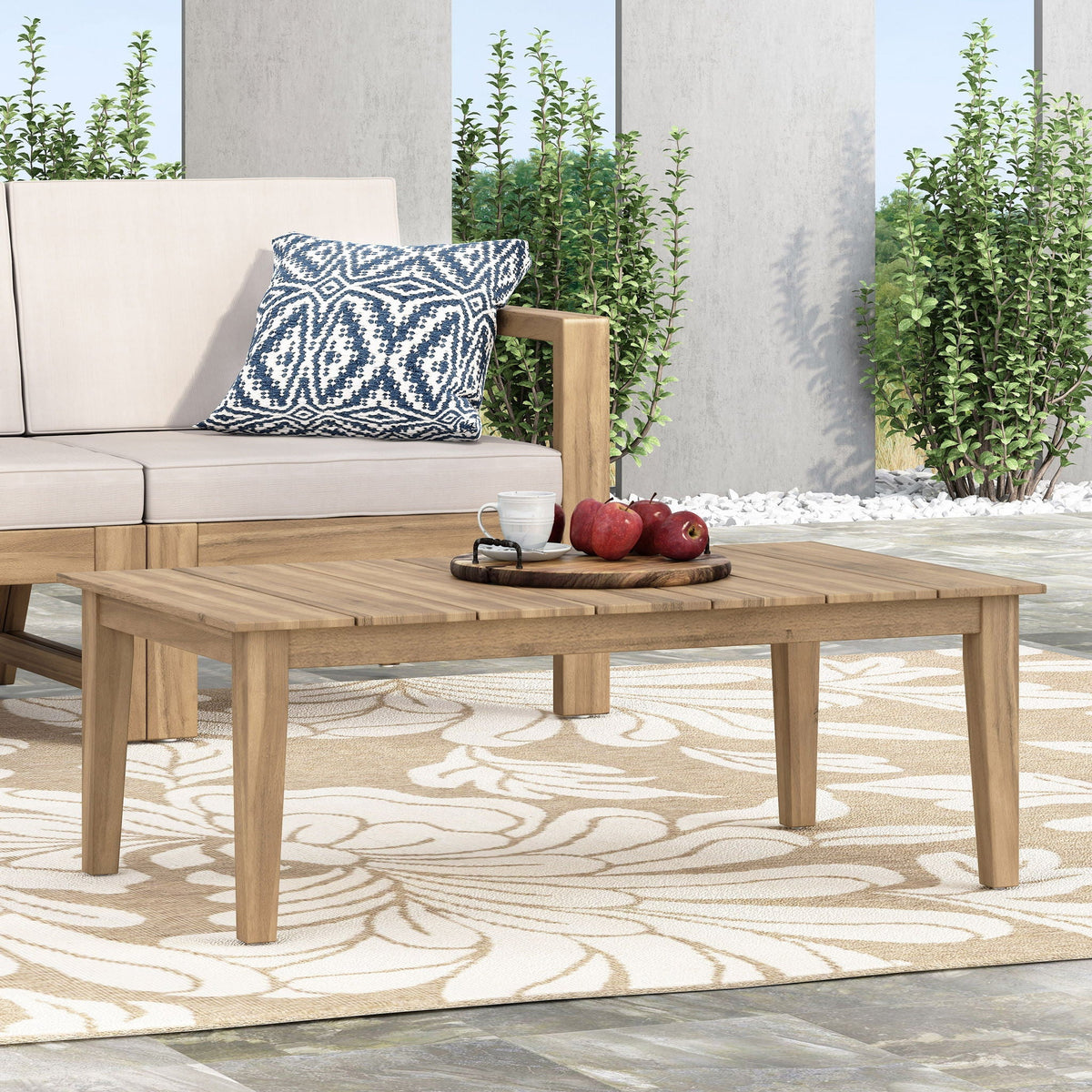 Light Brown Outdoor Coffee Table with Slat Panel Top - Acacia Wood