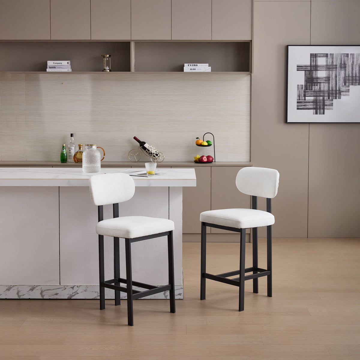 Modern Counter Height Stools Set of 2 with Reinforced Fabric Upholstery - Beige, Orange, Green